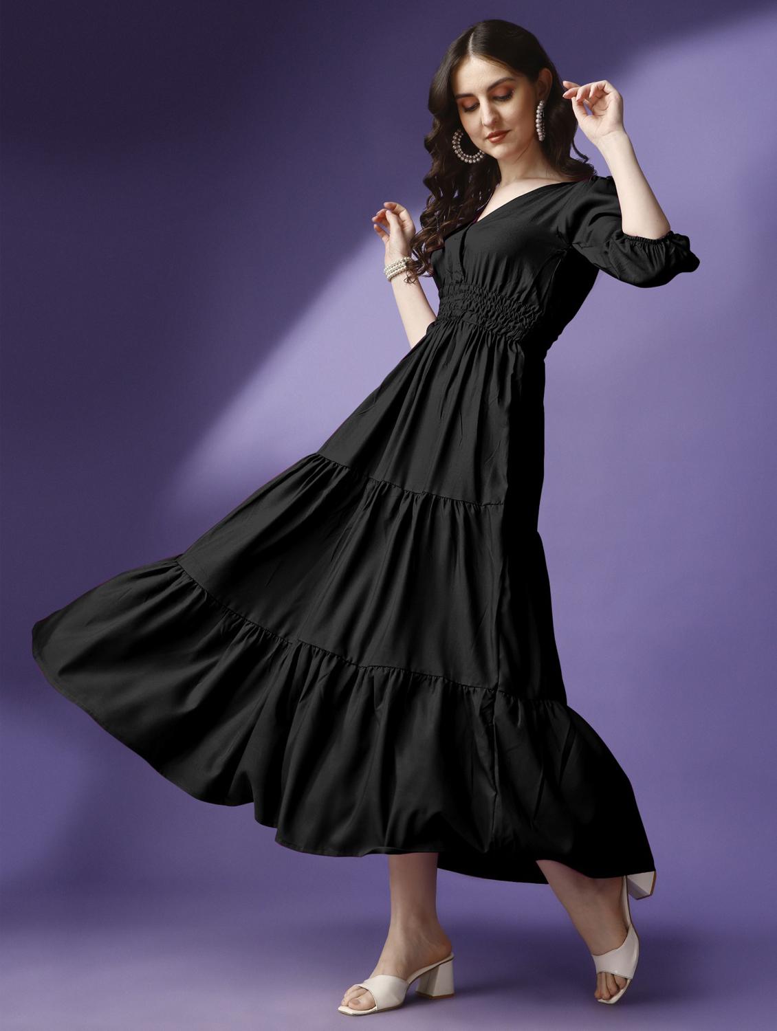 women solid puff sleeve tiered maxi dress - 21972887 - Standard Image - 3