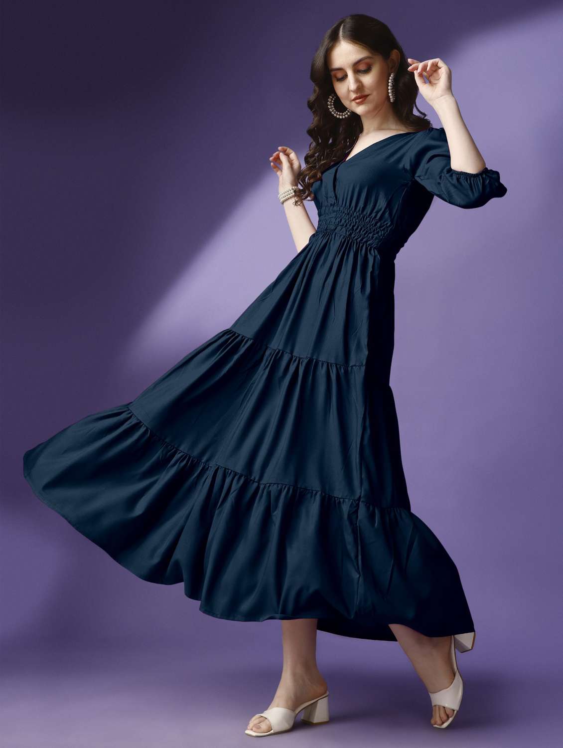 women solid puff sleeve tiered maxi dress - 21972888 - Standard Image - 3