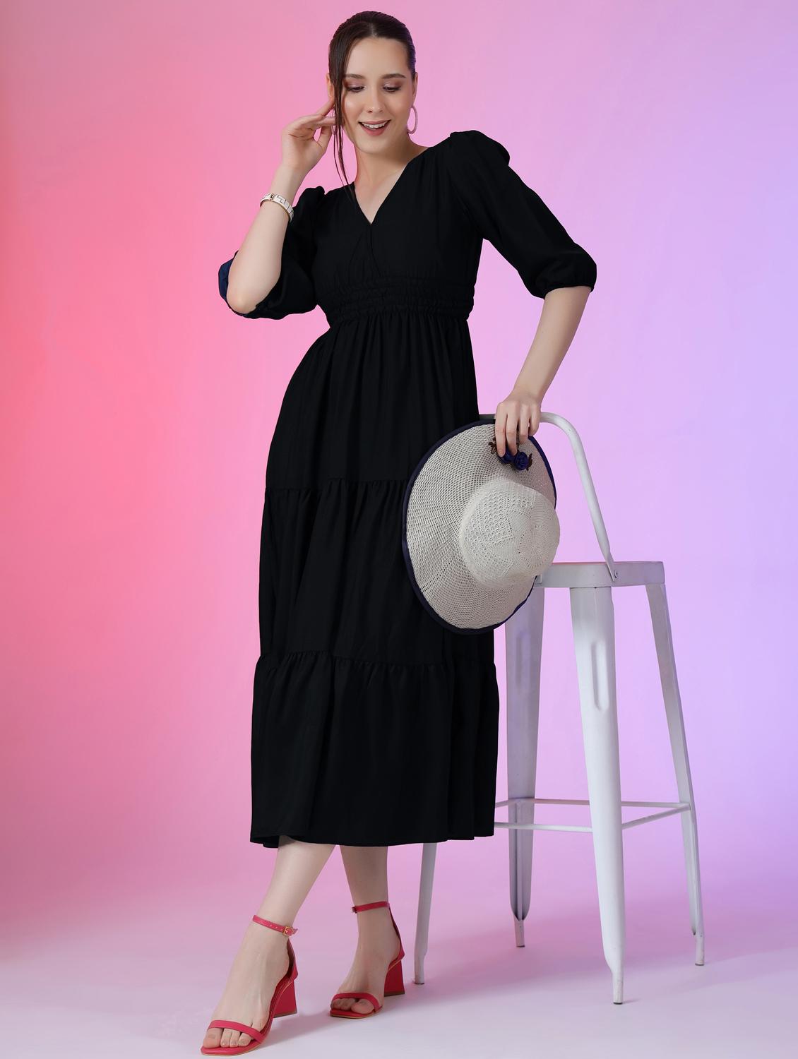 women solid puff sleeve tiered maxi dress - 21972889 - Zoom Image - 0