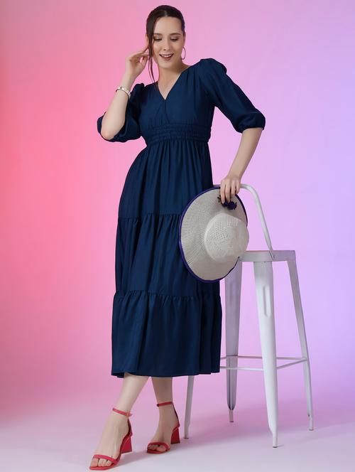 women solid puff sleeve tiered maxi dress - 21972890 - Standard Image - 0