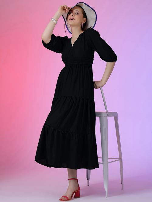 women solid puff sleeve tiered maxi dress - 21972893 - Standard Image - 0