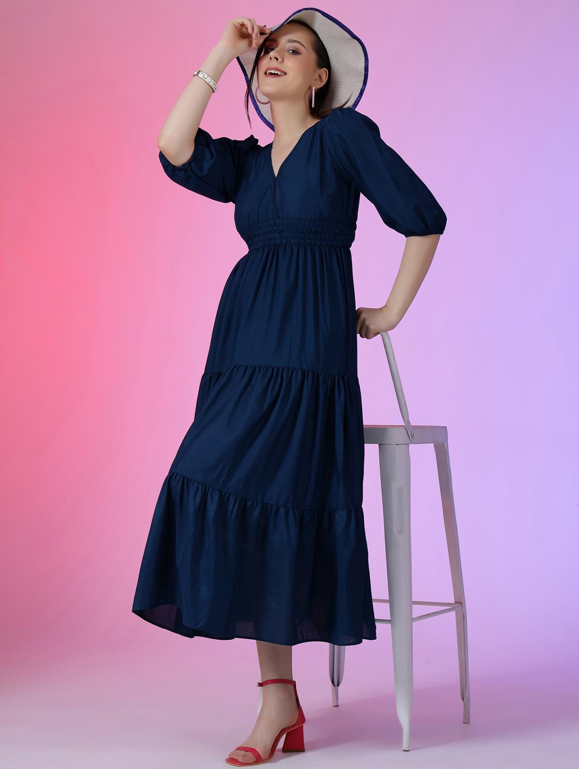 women solid puff sleeve tiered maxi dress - 21972894 -  Zoom Image - 0