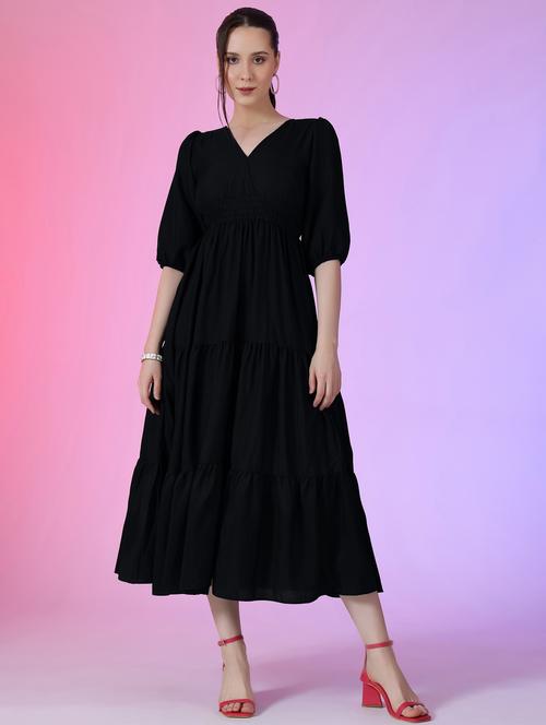 women solid puff sleeve tiered maxi dress - 21972895 - Standard Image - 0