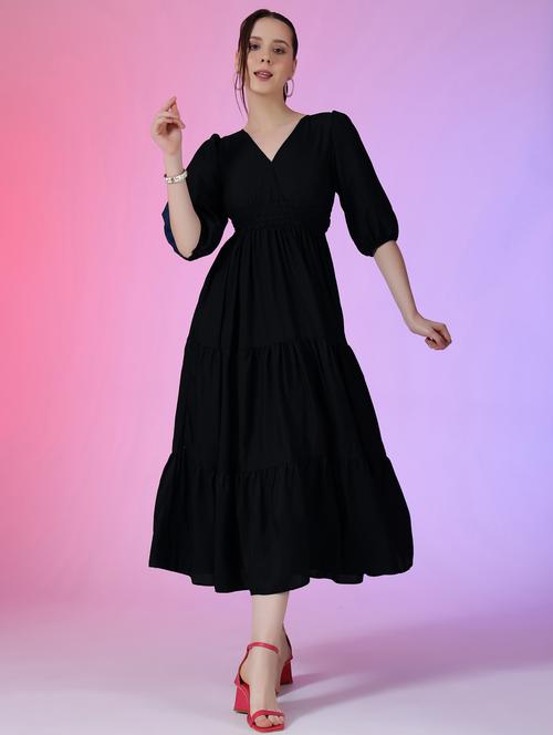 women solid puff sleeve tiered midi dress - 21972897 -  Standard Image - 0