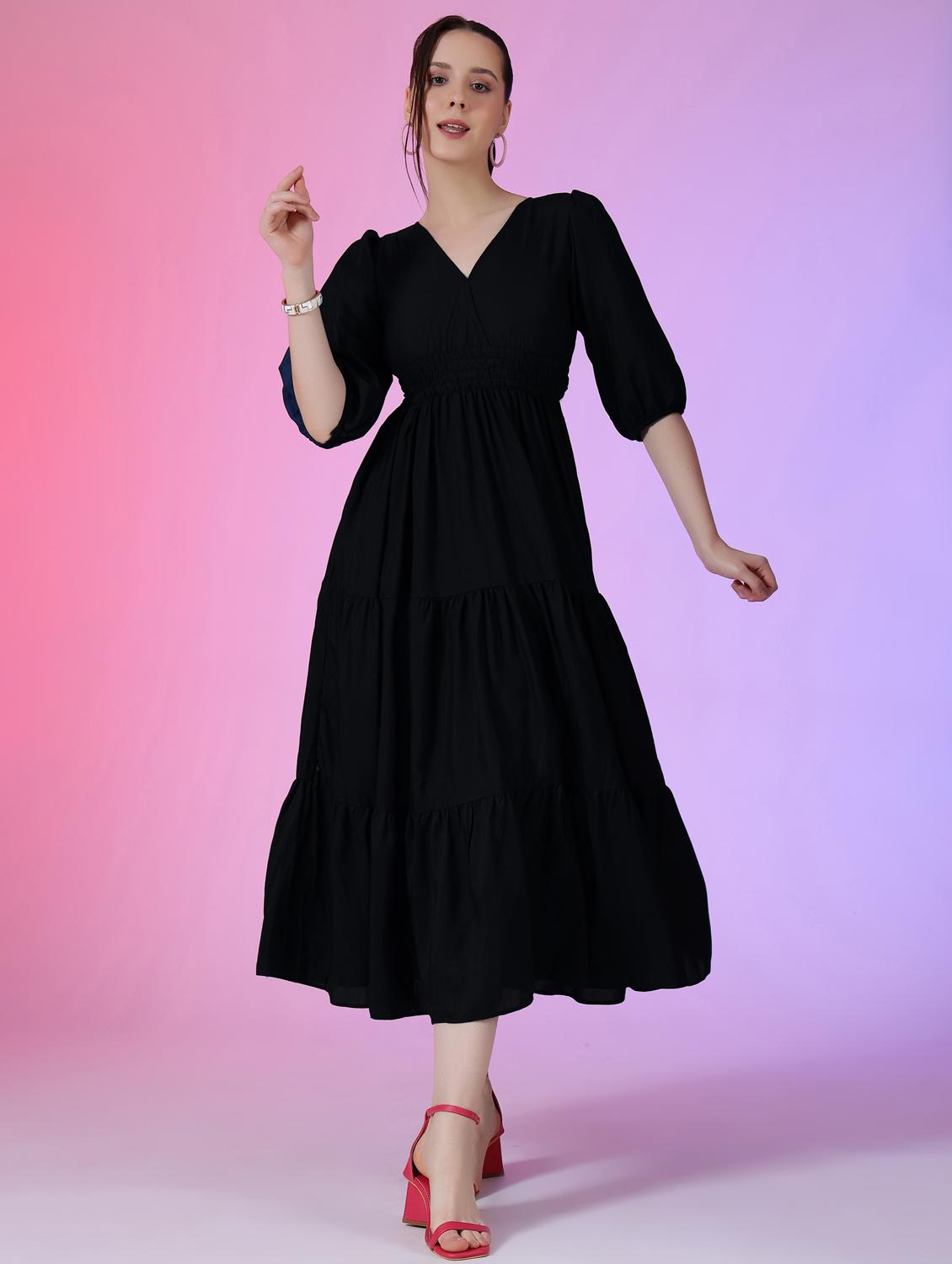 women solid puff sleeve tiered midi dress - 21972897 -  Zoom Image - 0