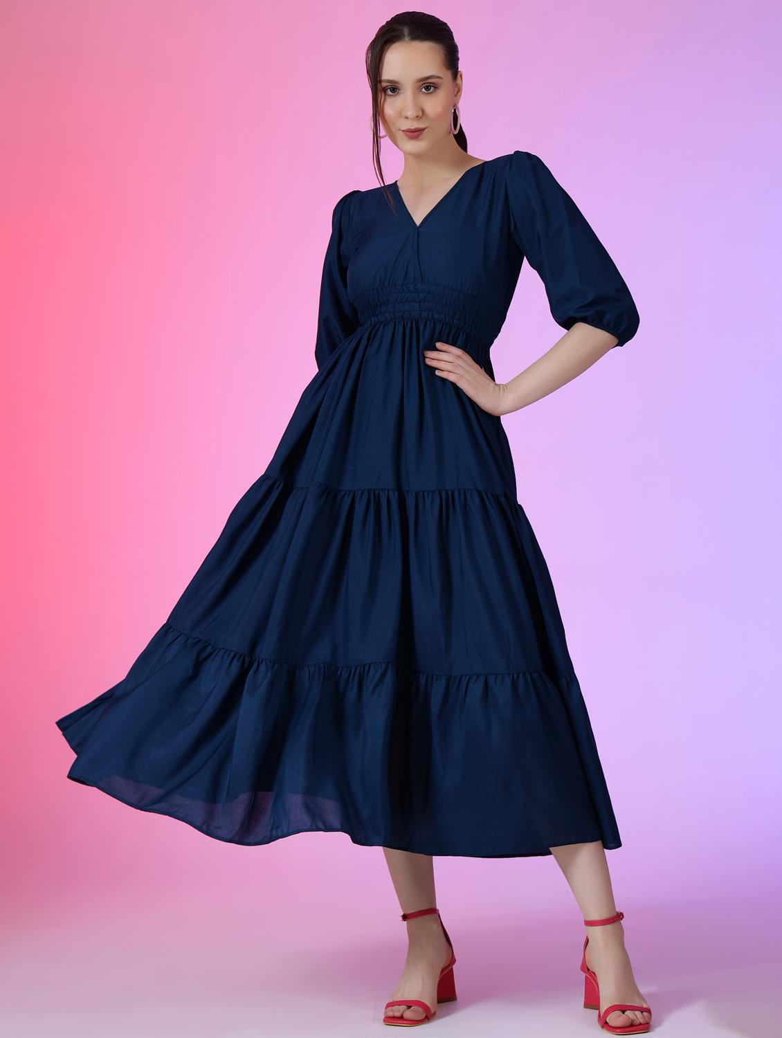 women solid puff sleeve tiered dress - 21972898 -  Zoom Image - 0