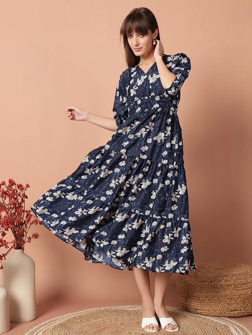 women printed puff sleeve tiered midi dress - 21972902 -  Standard Image - 0