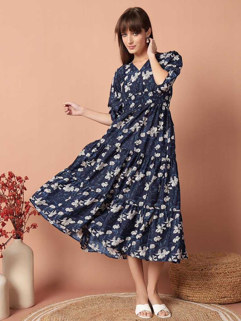 women printed puff sleeve tiered midi dress - 21972902 -  Zoom Image - 0