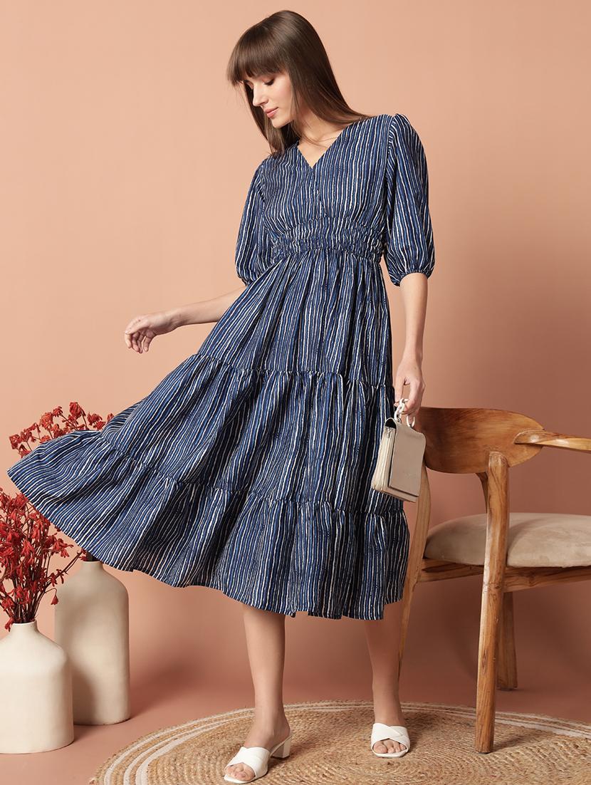 women printed puff sleeve tiered midi dress - 21972907 -  Zoom Image - 0