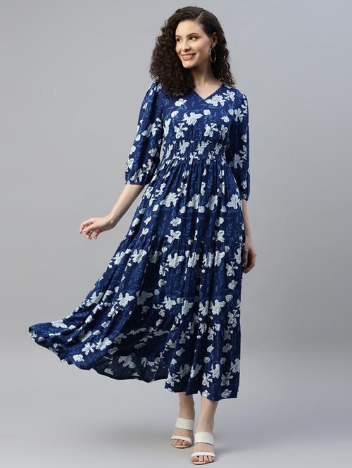 women printed puff sleeve tiered maxi dress - 21972910 - Standard Image - 0