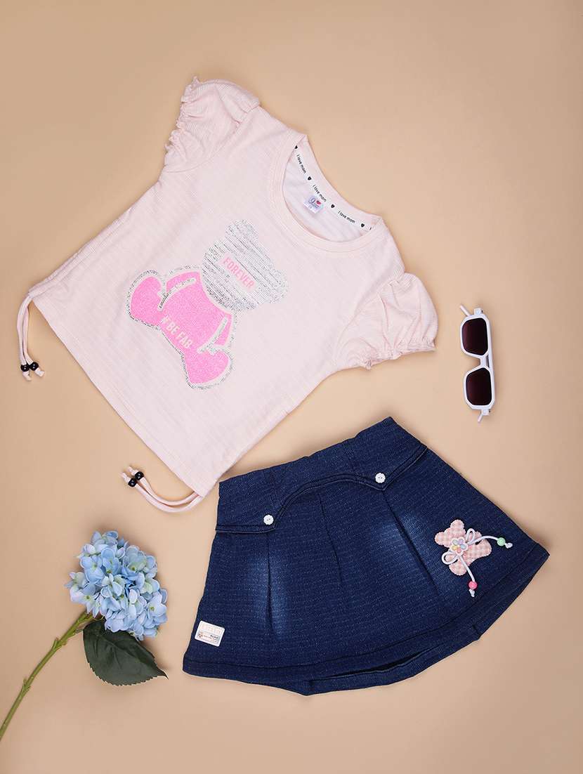 girls printed round neck skirt & top set 