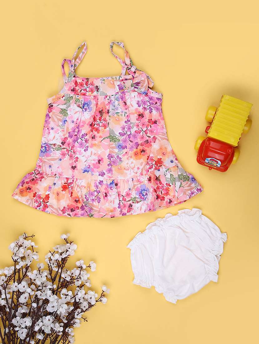 girls printed square neck frock with bloomer