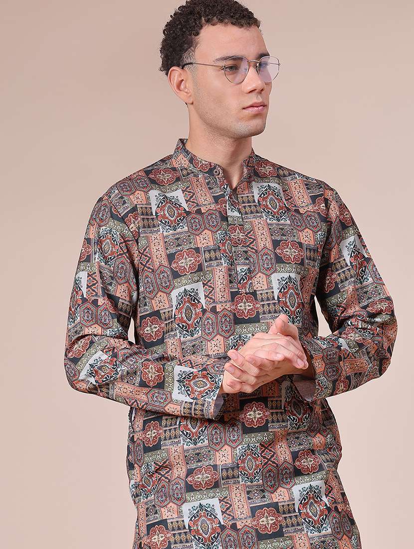 men printed mandarin neck long sleeve kurta