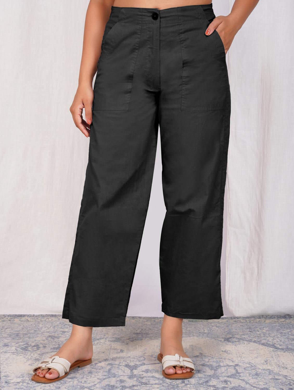 women solid mid rise straight fit trouser