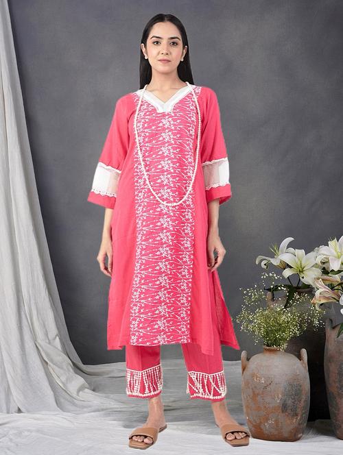 women solid with work three quarter sleeve a-line kurta - 21974925 - Standard Image - 0