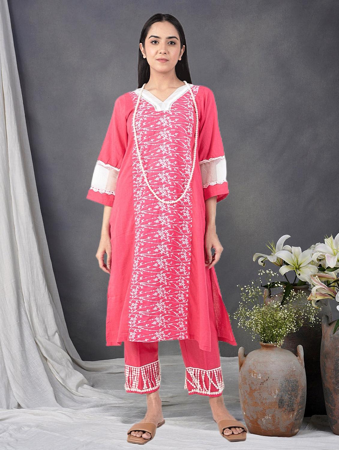 women solid with work three quarter sleeve a-line kurta - 21974925 - Zoom Image - 0