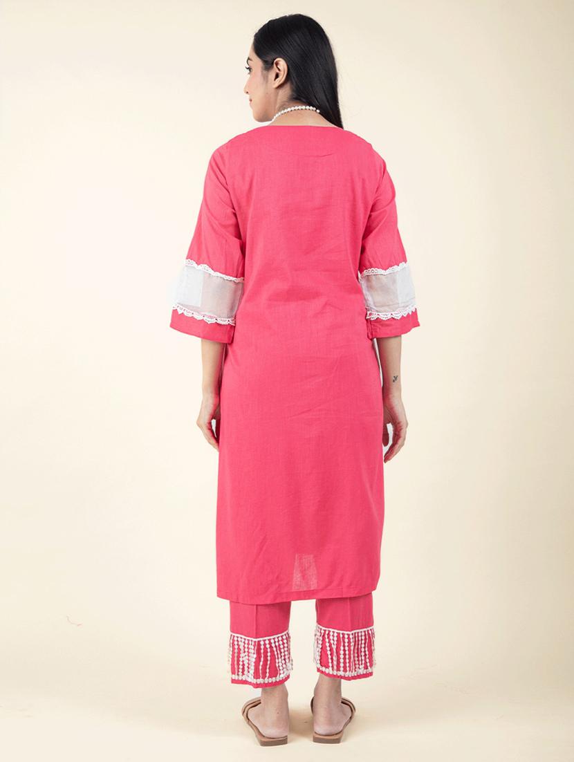 women solid with work three quarter sleeve a-line kurta - 21974925 - Standard Image - 3