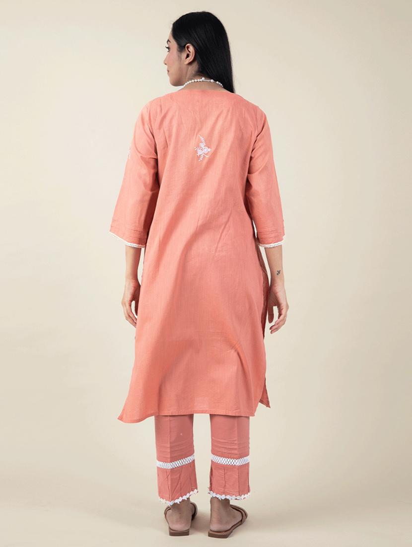 women solid with work three quarter sleeve a-line kurta - 21974926 - Standard Image - 3