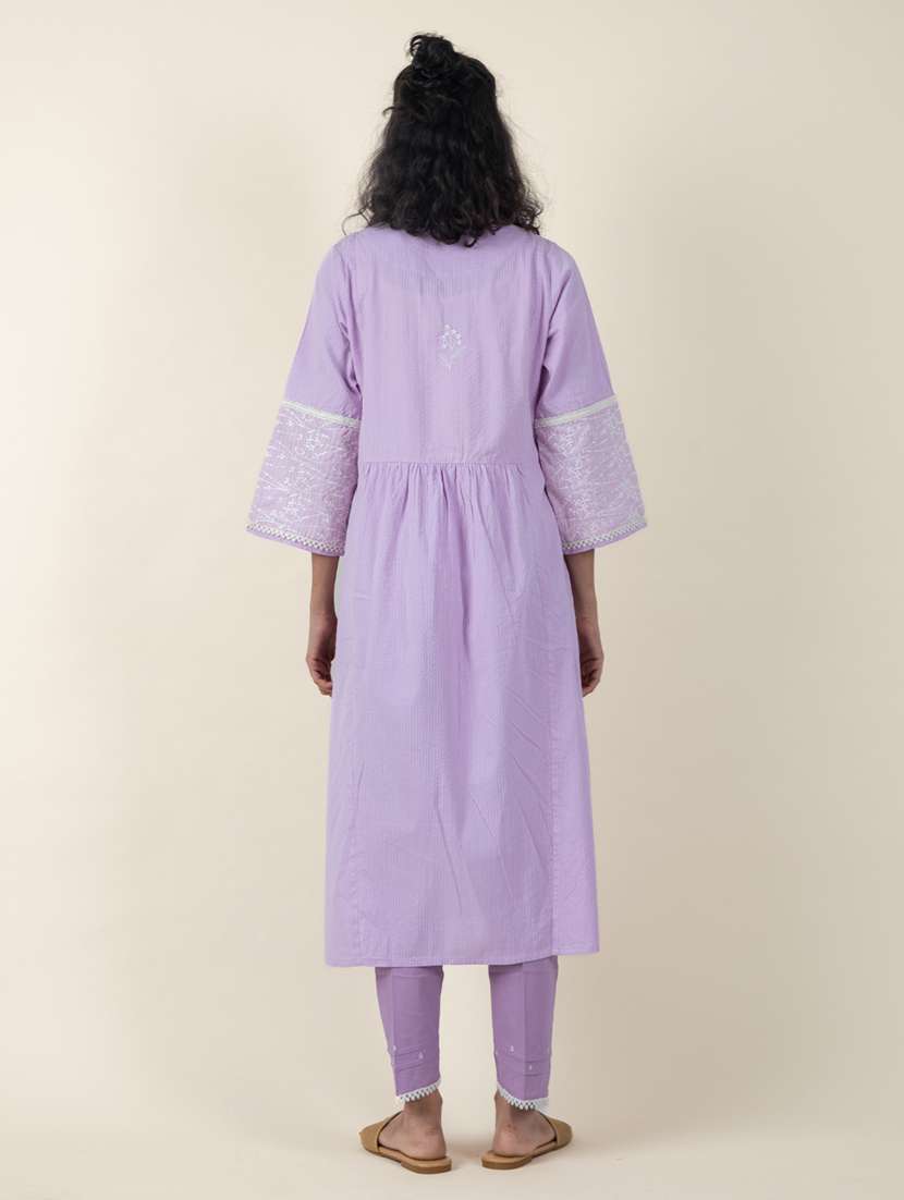 women solid with work three quarter sleeve a-line kurta - 21974942 -  Standard Image - 3