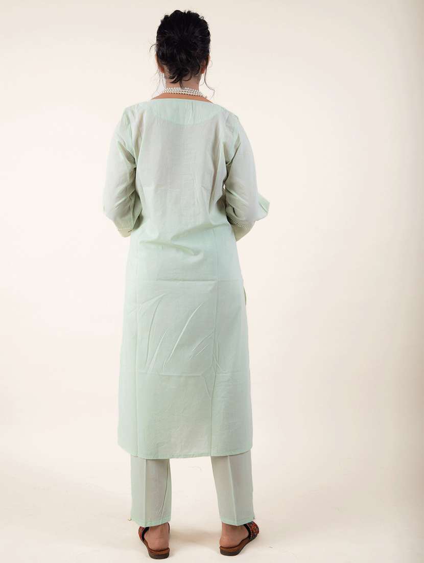 women solid with work three quarter sleeve a-line kurta - 21974944 -  Standard Image - 3