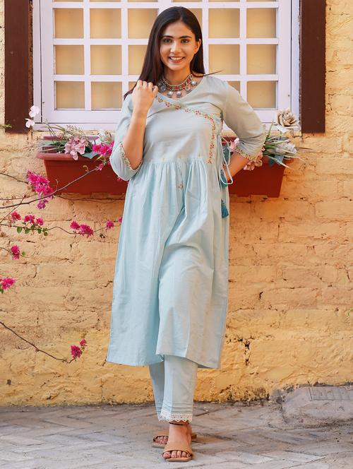 women solid with work three quarter sleeve angrakha kurta - 21974949 -  Standard Image - 0