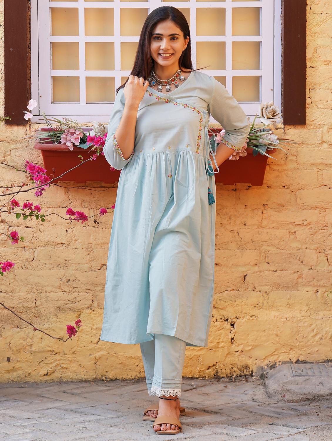women solid with work three quarter sleeve angrakha kurta - 21974949 -  Zoom Image - 0