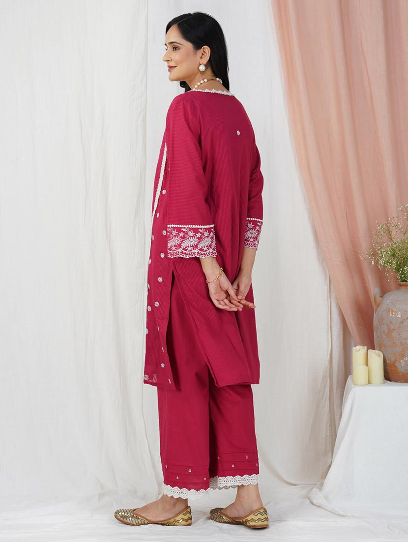 women solid with work three quarter sleeve a-line kurta - 21974950 - Standard Image - 3