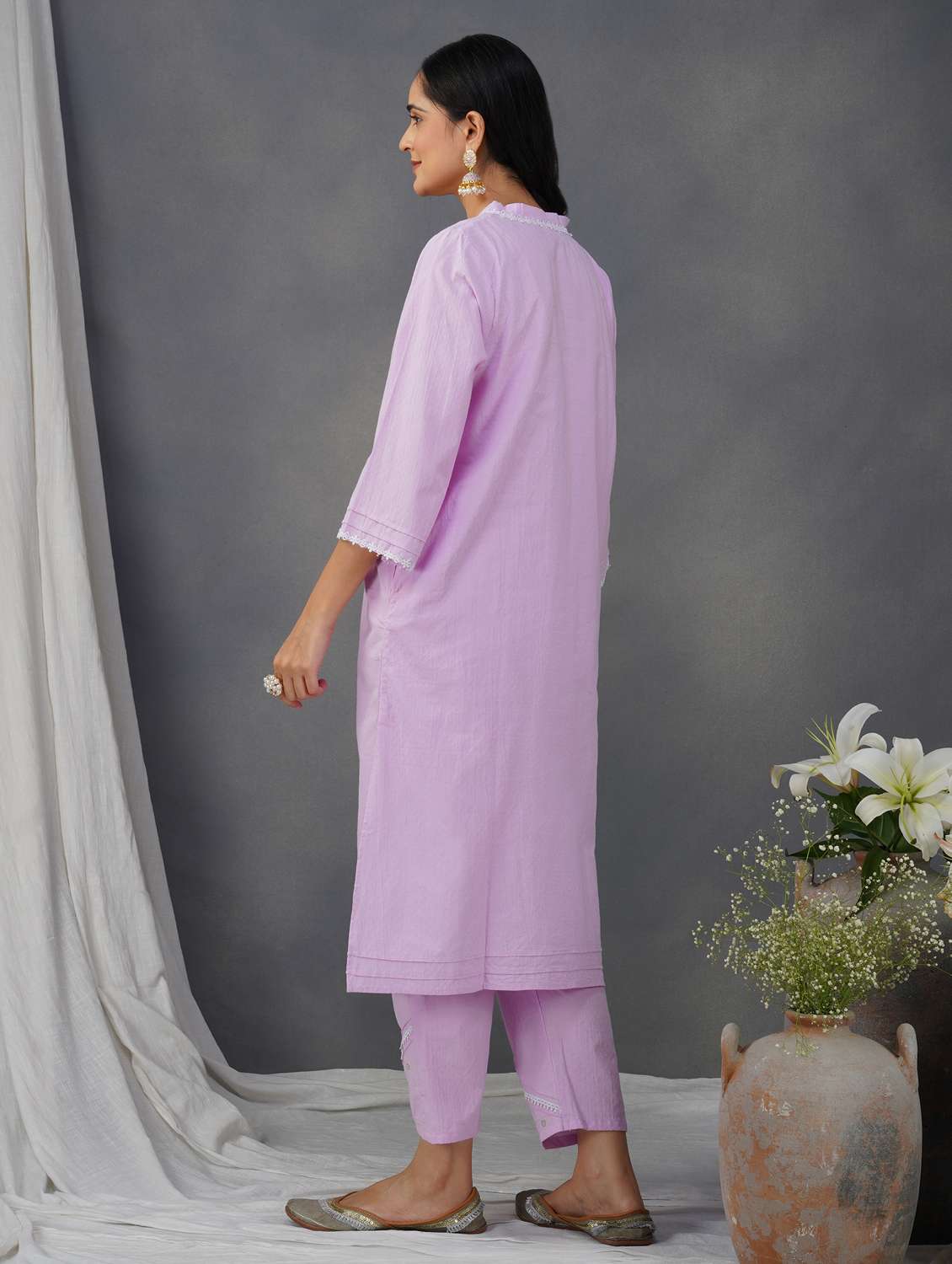 women solid with work three quarter sleeve a-line kurta - 21974952 -  Standard Image - 3