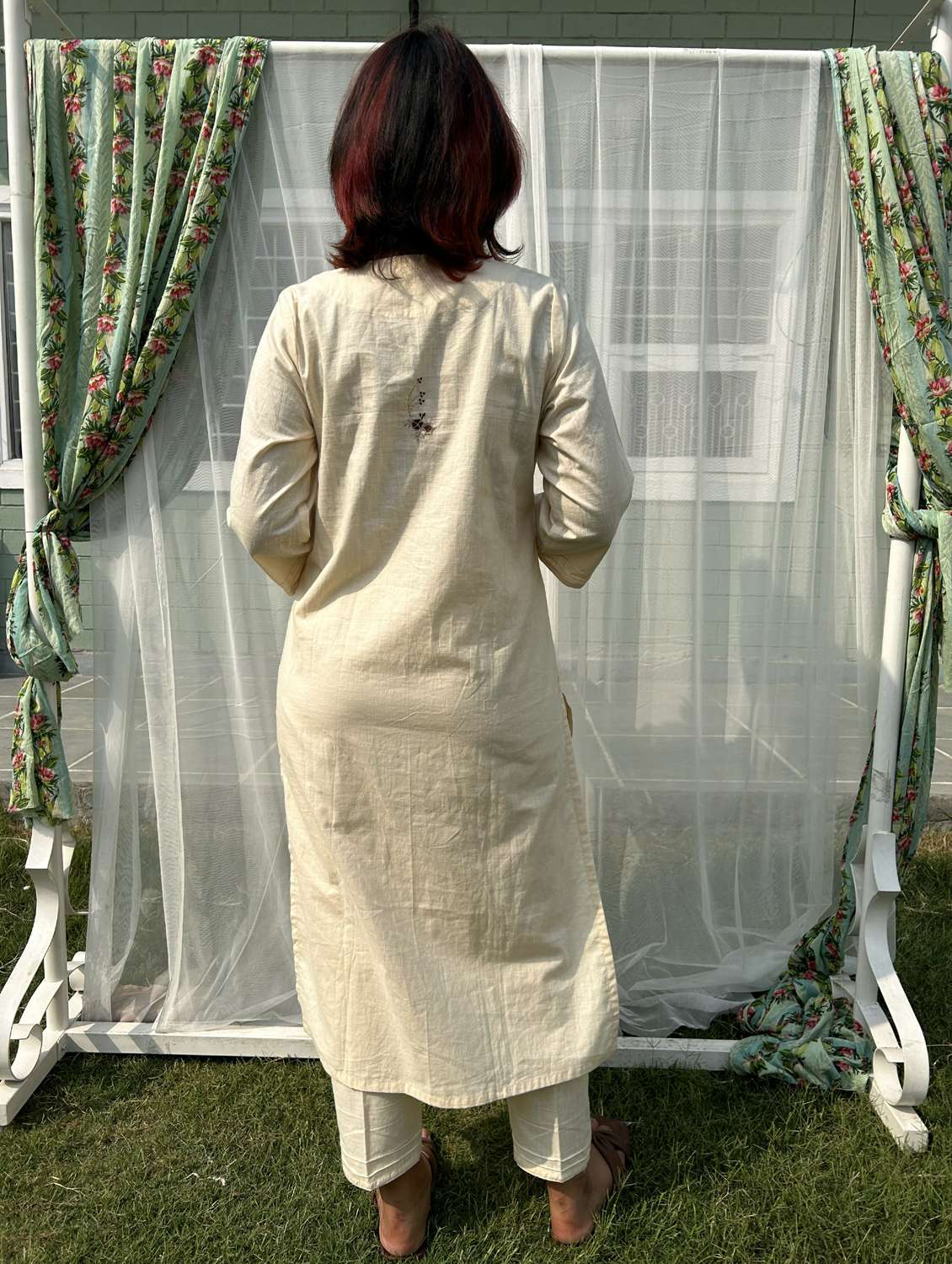 women solid with work three quarter sleeve a-line kurta - 21974953 -  Standard Image - 3