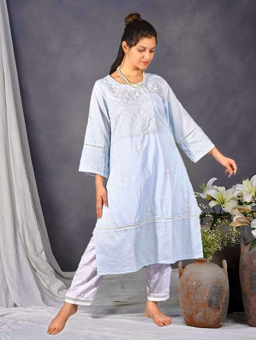 women solid with work three quarter sleeve a-line kurta - 21974957 -  Standard Image - 0