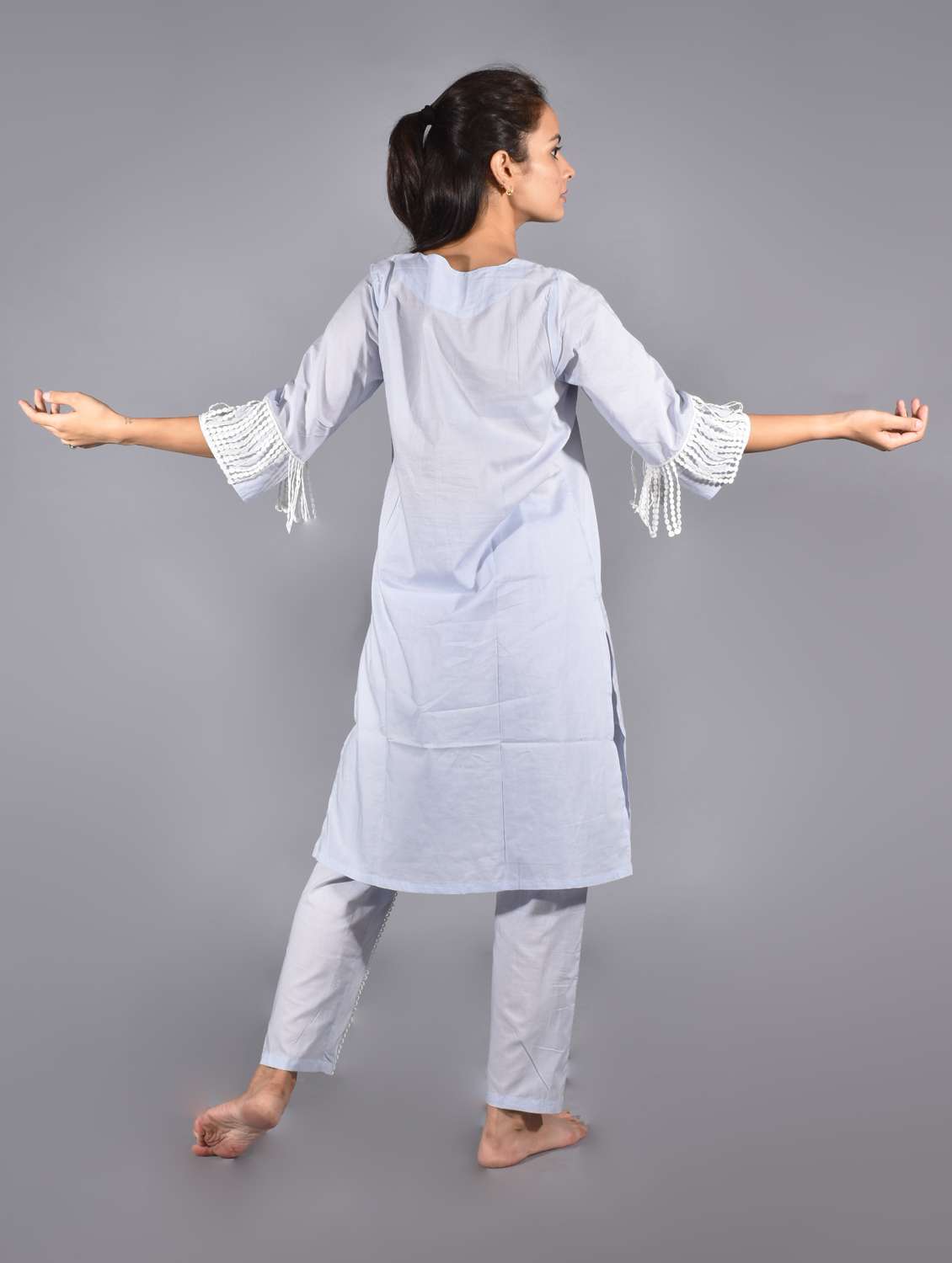 women solid with work three quarter sleeve straight kurta - 21974958 -  Standard Image - 3