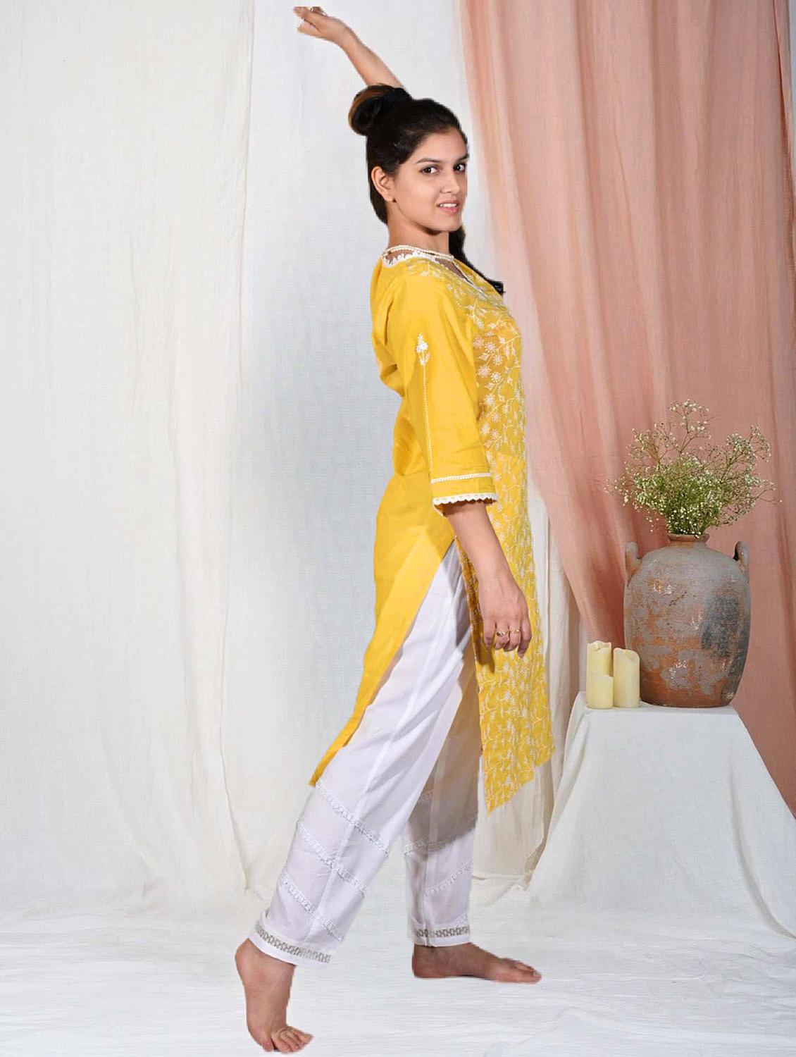 women solid with work three quarter sleeve straight kurta - 21974959 - Standard Image - 3