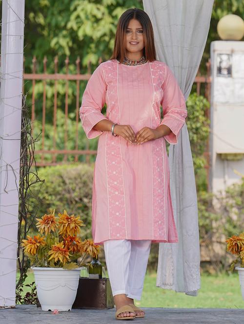 women solid with work three quarter sleeve straight kurta - 21974962 - Standard Image - 0