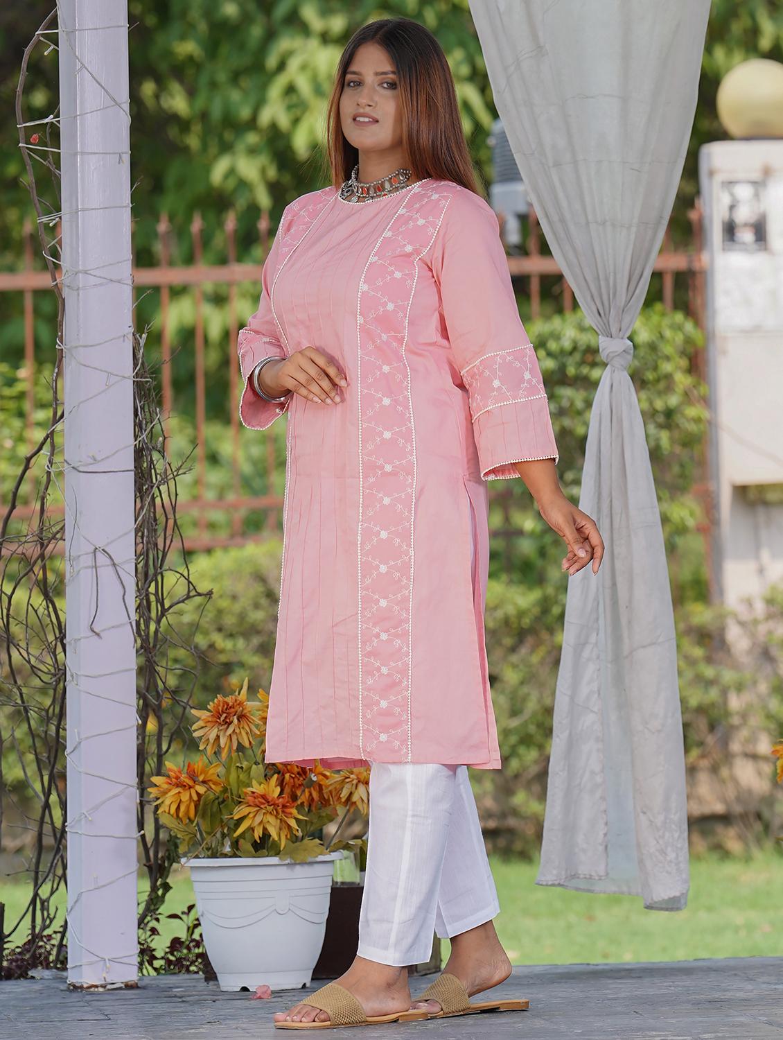 women solid with work three quarter sleeve straight kurta - 21974962 - Standard Image - 3