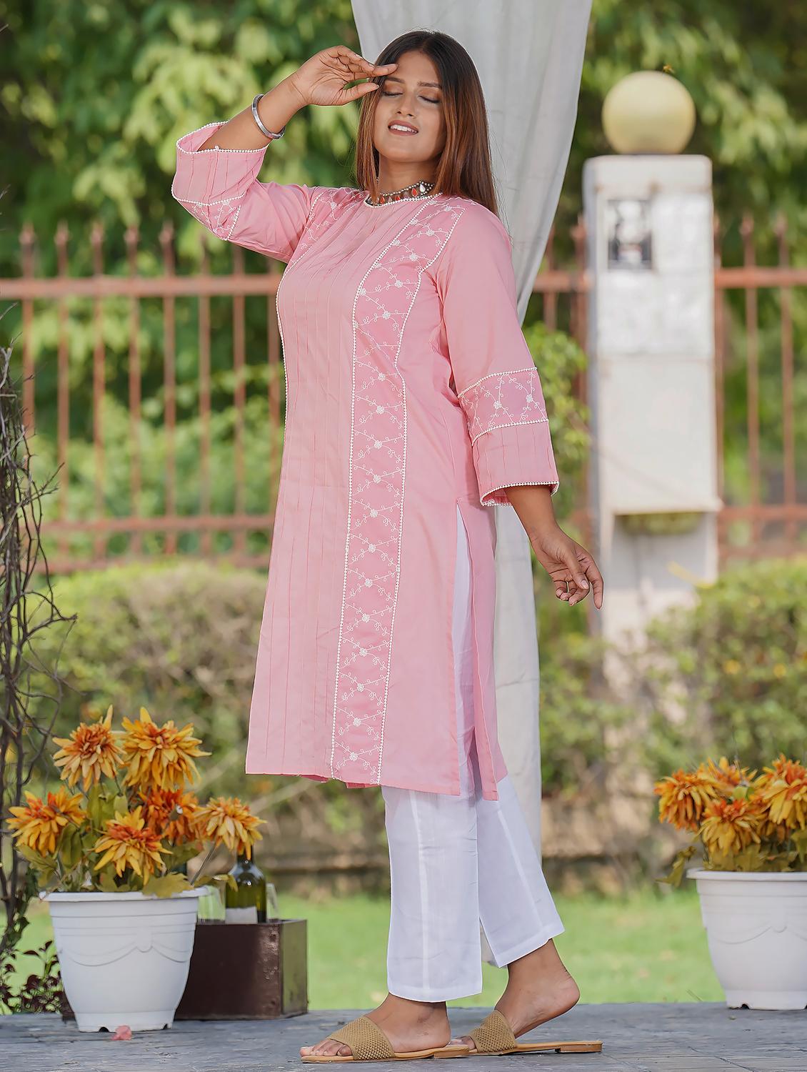 women solid with work three quarter sleeve straight kurta - 21974962 - Standard Image - 5