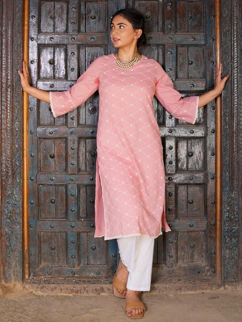 women solid with work three quarter sleeve straight kurta - 21974963 - Standard Image - 0