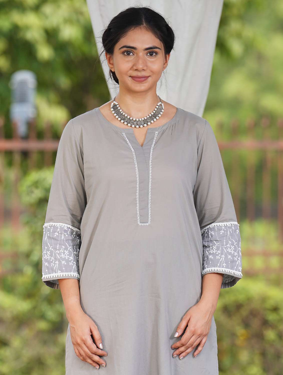 women solid with work three quarter sleeve a-line kurta - 21974965 -  Standard Image - 3