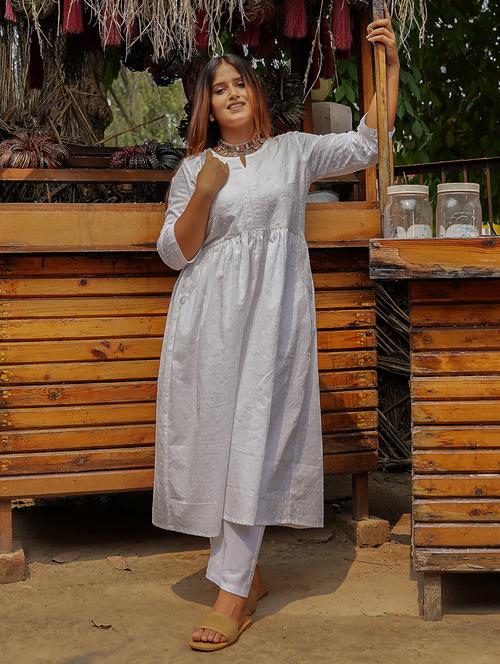 women solid with work three quarter sleeve a-line kurta - 21974968 - Standard Image - 0