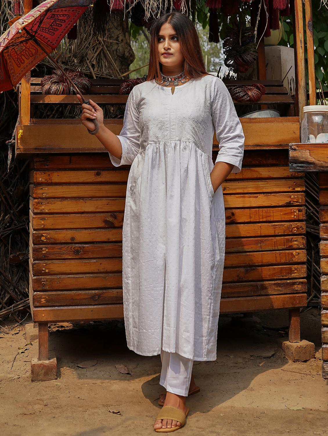 women solid with work three quarter sleeve a-line kurta - 21974968 - Standard Image - 3