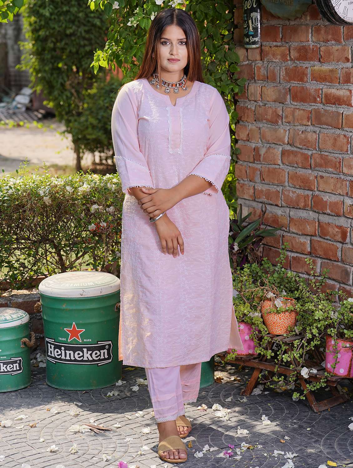 women solid with work three quarter sleeve straight kurta - 21974969 -  Zoom Image - 0