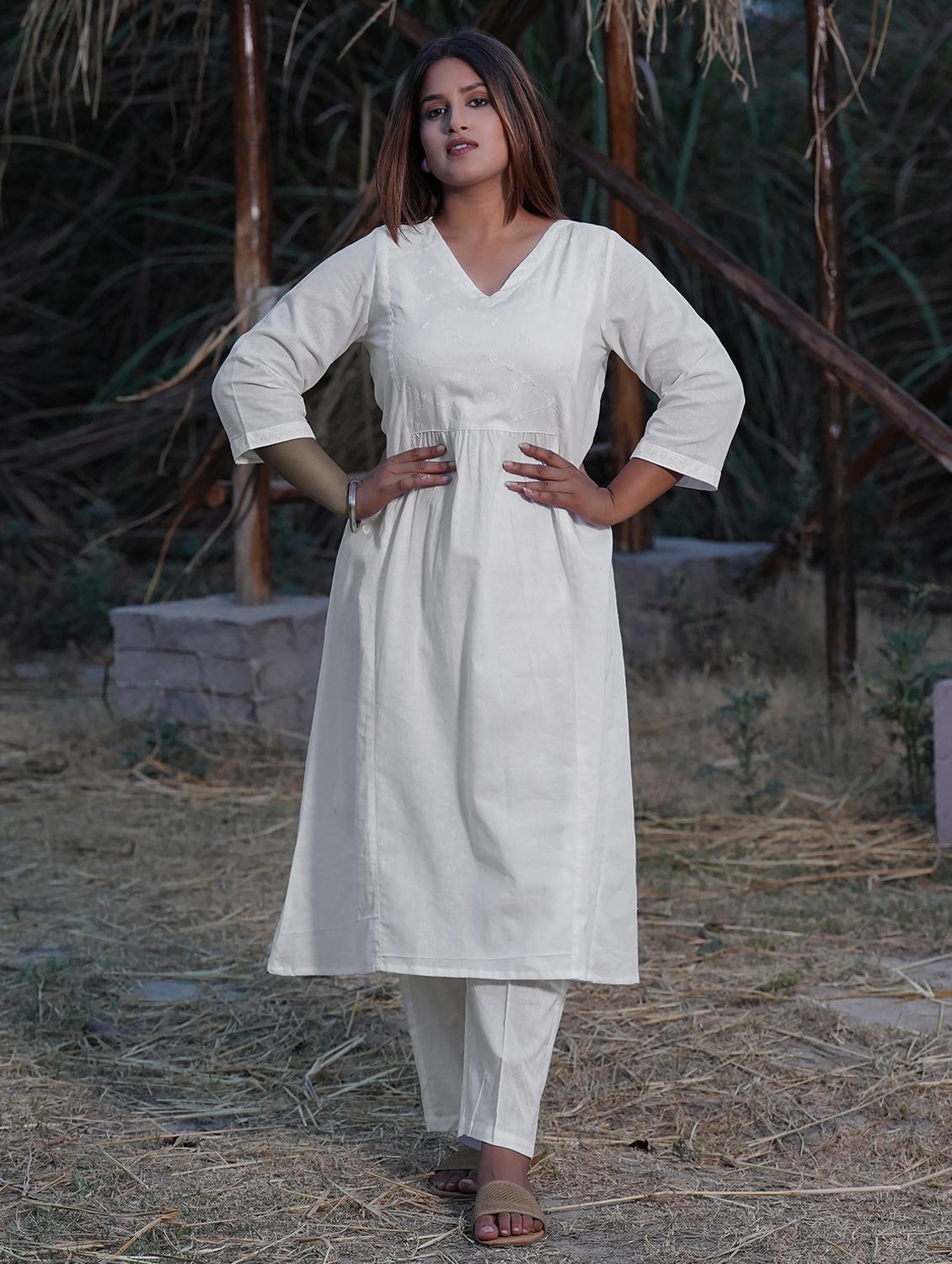 women solid with work three quarter sleeve a-line kurta - 21974971 - Zoom Image - 0