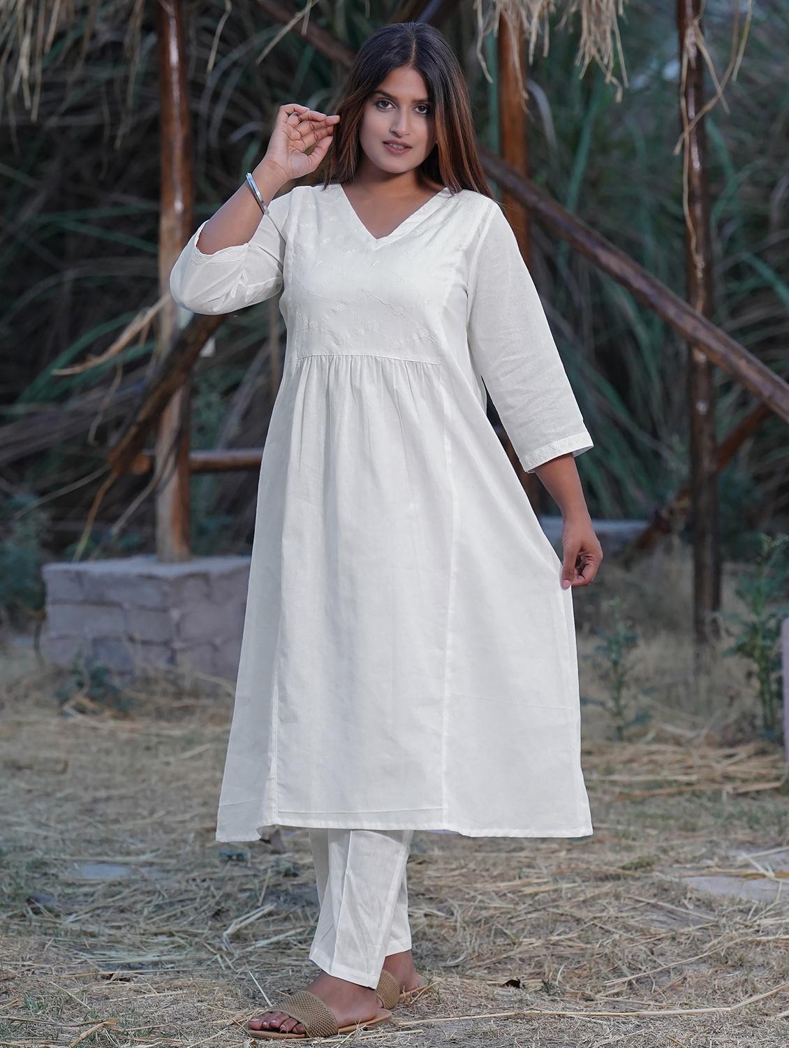 women solid with work three quarter sleeve a-line kurta - 21974971 - Standard Image - 5