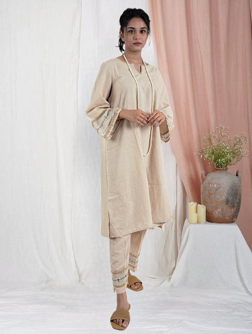 women solid with work long sleeve a-line kurta - 21974972 - Standard Image - 0