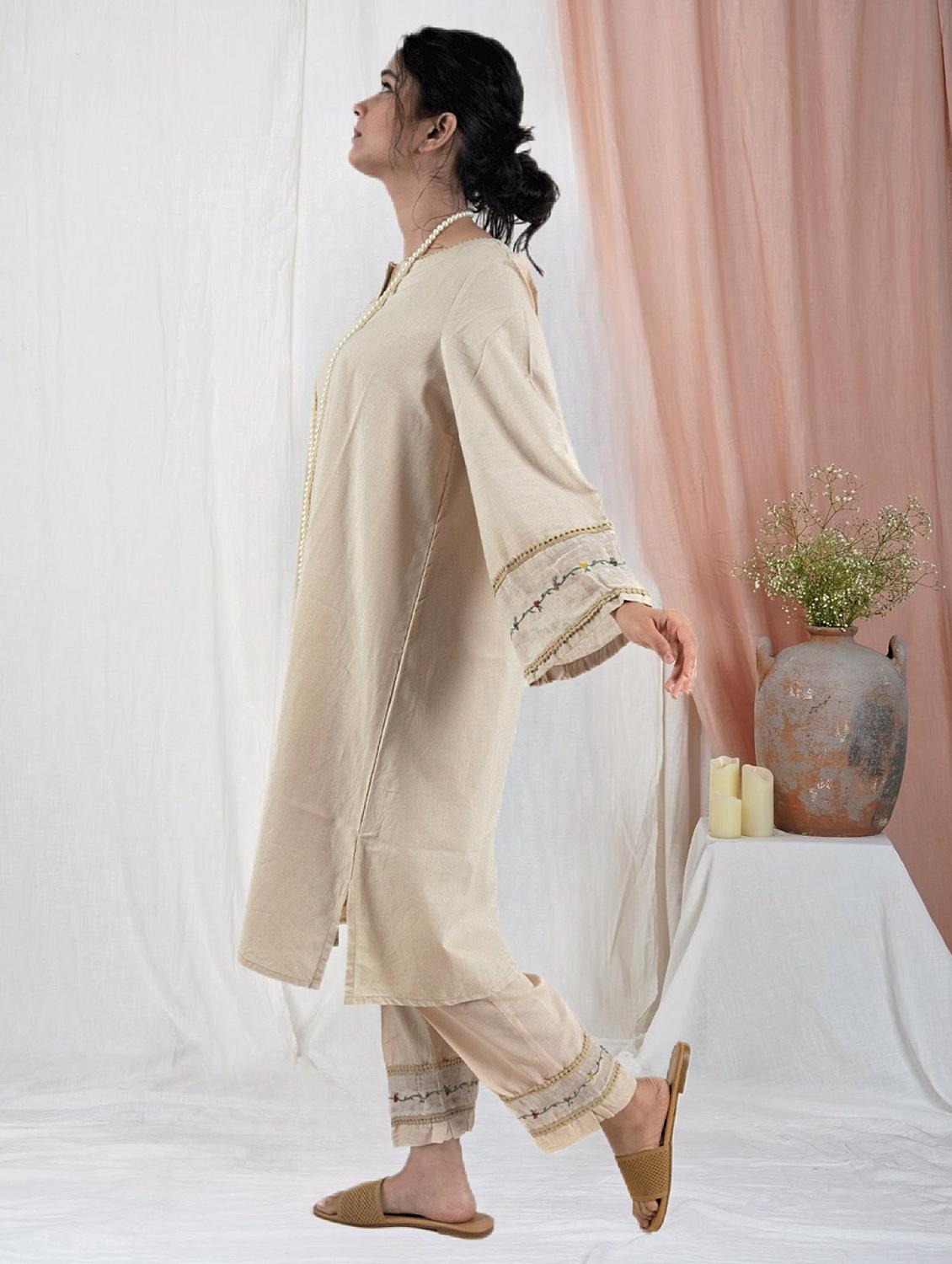women solid with work long sleeve a-line kurta - 21974972 - Standard Image - 3
