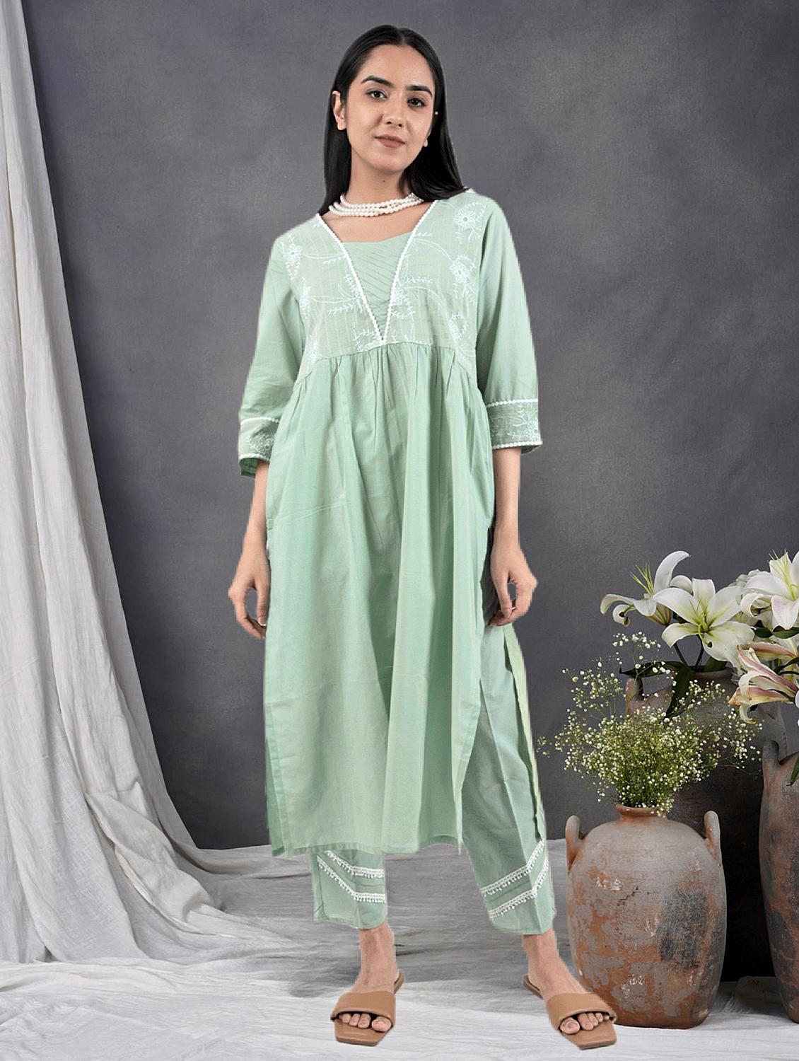 women solid with work three quarter sleeve a-line kurta - 21974973 -  Zoom Image - 0