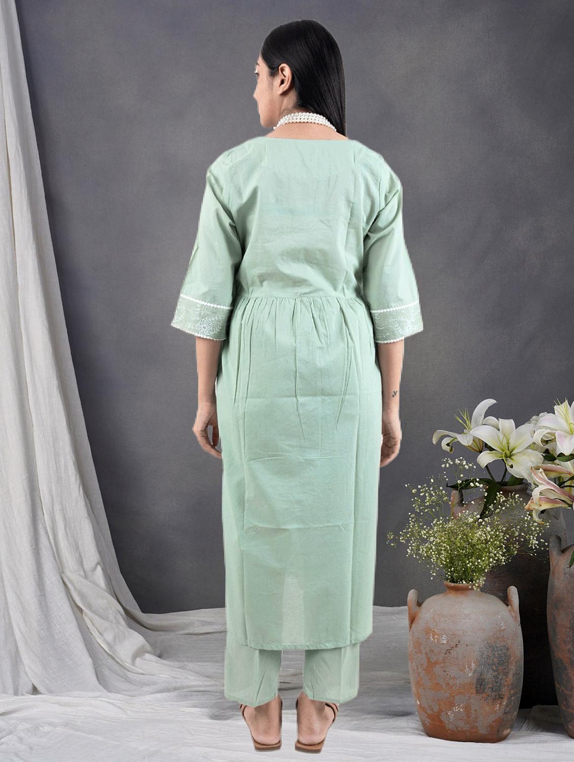 women solid with work three quarter sleeve a-line kurta - 21974973 - Standard Image - 3