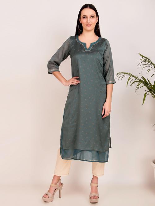 women solid with work three quarter sleeve layered kurta - 21974975 - Standard Image - 0