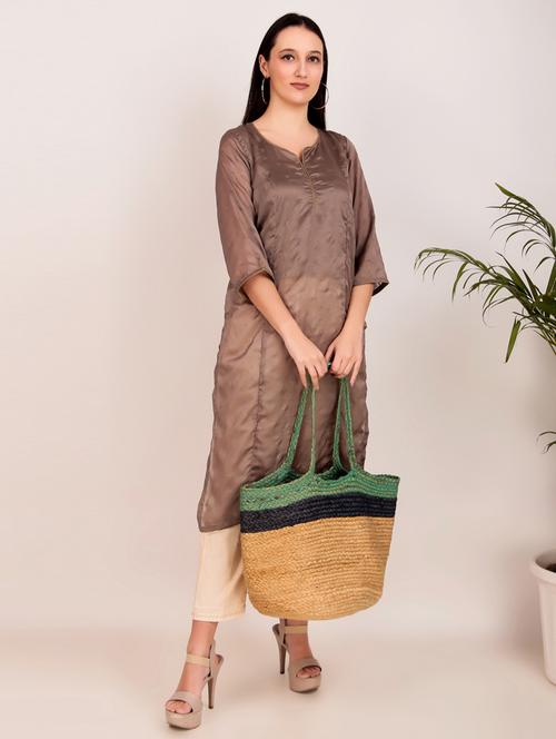 women solid with work three quarter sleeve straight kurta - 21974976 - Standard Image - 0