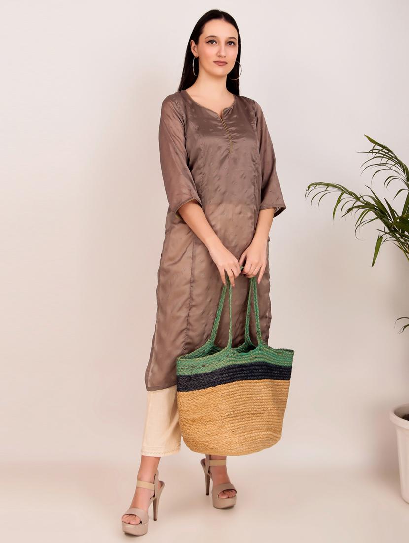 women solid with work three quarter sleeve straight kurta - 21974976 - Zoom Image - 0