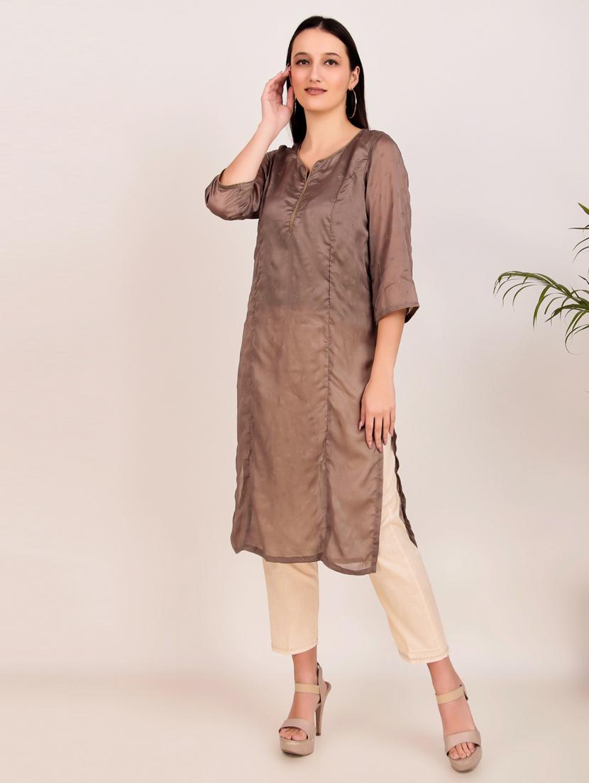 women solid with work three quarter sleeve straight kurta - 21974976 - Standard Image - 3
